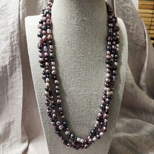 Peacock Freshwater Glass Pearls Gray Purple Lavender Cream Long Strand Necklace